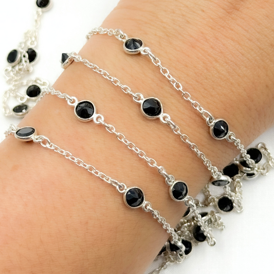 Black Spinel Round Shape Bezel 925 Sterling Silver Connected Wire Chain