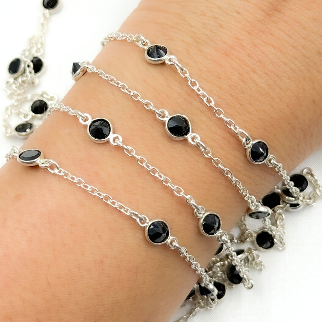 Black Spinel Round Shape Bezel 925 Sterling Silver Connected Wire Chain. BSP13