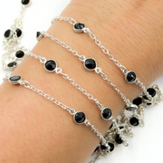 Black Spinel Round Shape Bezel 925 Sterling Silver Connected Wire Chain