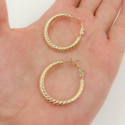 15850019965. 14K Solid Gold Fancy Ribbed Hollow Hoop Earrings