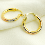 Load image into Gallery viewer, GER77. 14K Tri-Color Gold Diamond-Cut Hollow Hoop Earrings