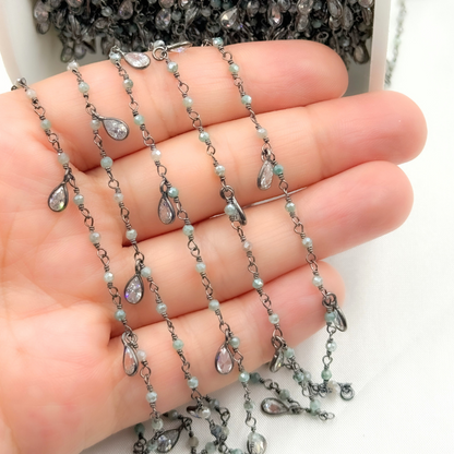 Coated Green Quartz & CZ Dangle Oxidized Wire Chain.