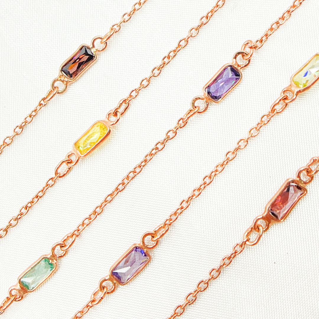 Multi Color Cubic Zirconia Rectangular Shape Connected Chain