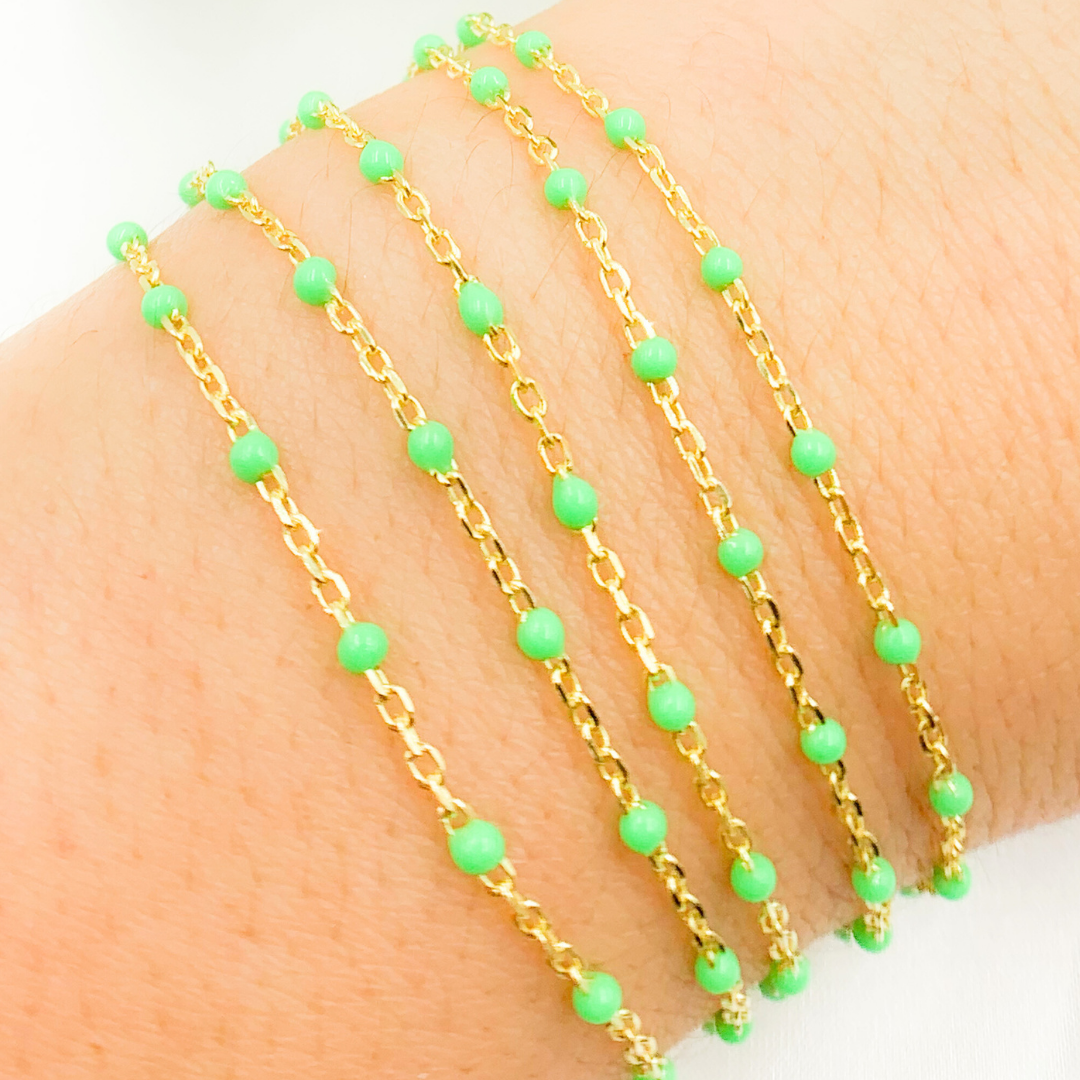 Gold Plated Sterling Silver Enamel Green Color Cable Chain