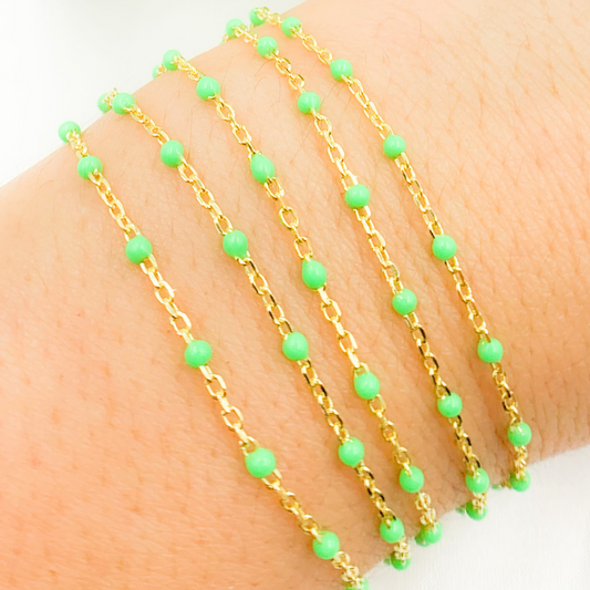 Gold Plated Sterling Silver Enamel Green Color Cable Chain