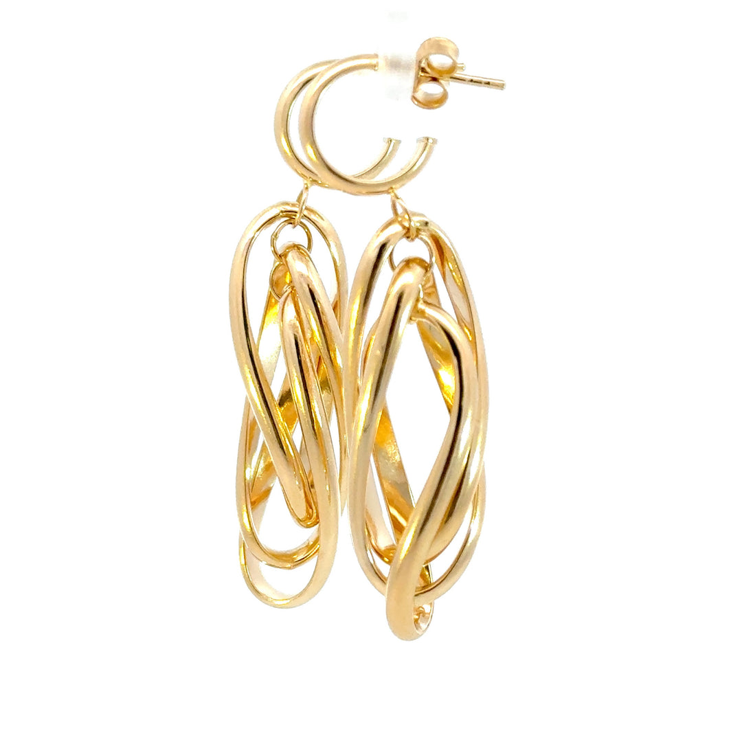 15850023044. 14K Solid Gold Twist Triple Oval Hollow Dangle Earrings