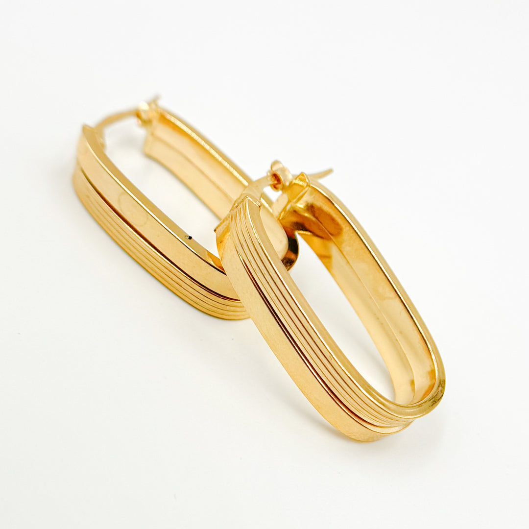 15850022147. 14K Solid Gold Smooth and Ribbed Rectangular Hollow Hoop Earrings