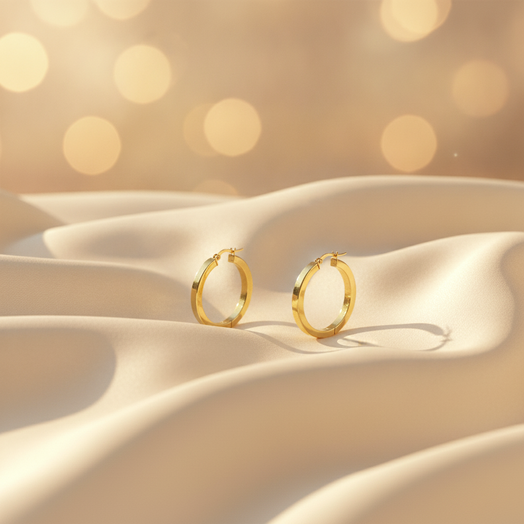 GER156. 14K Solid Gold Hollow Flat Hoop Earrings