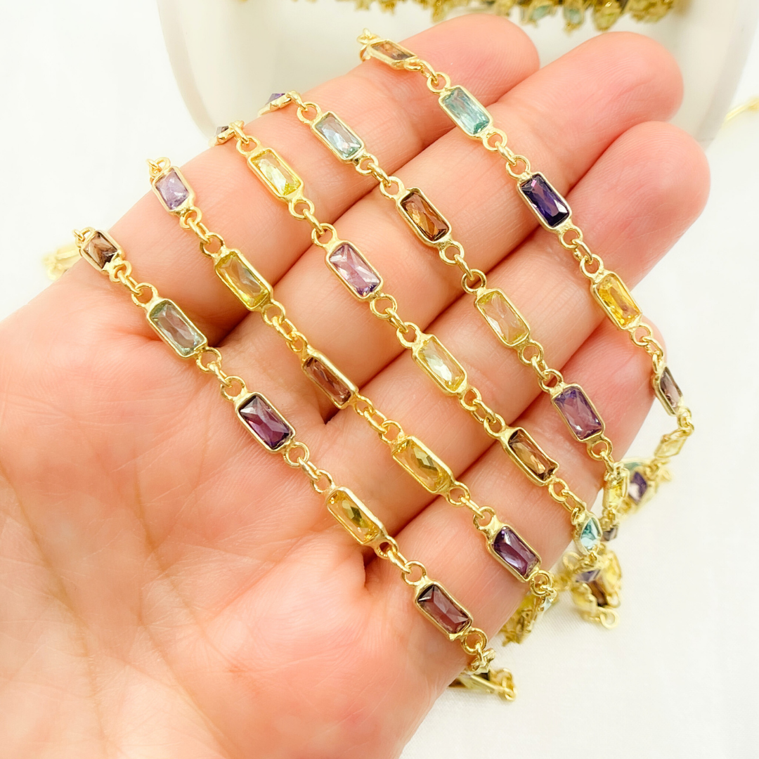 Multi Color Cubic Zirconia Rectangular Shape Connected Chain