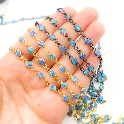 Created Blue Opal Round Shape Connected Chain.