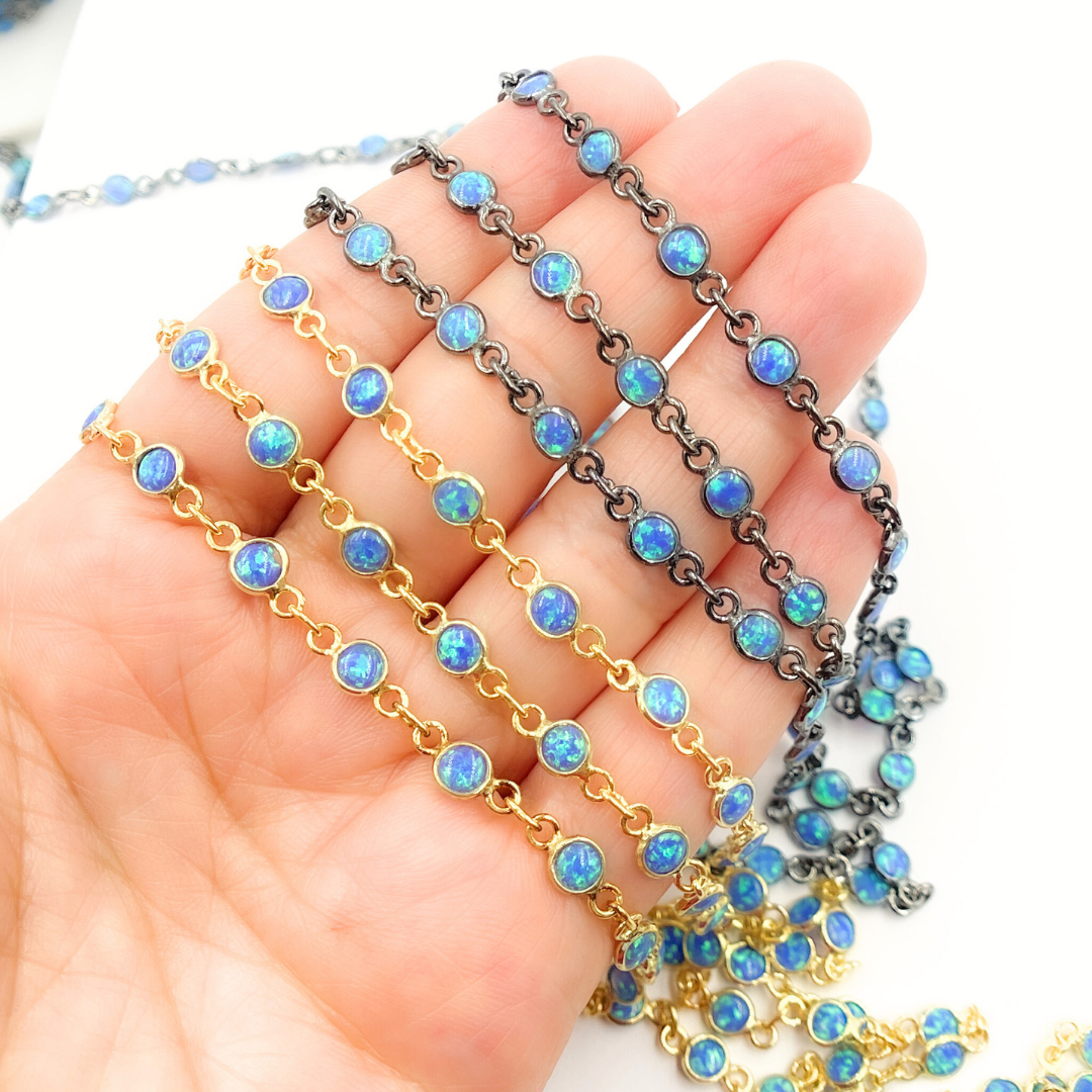 Created Blue Opal Round Shape Connected Chain. CBO8