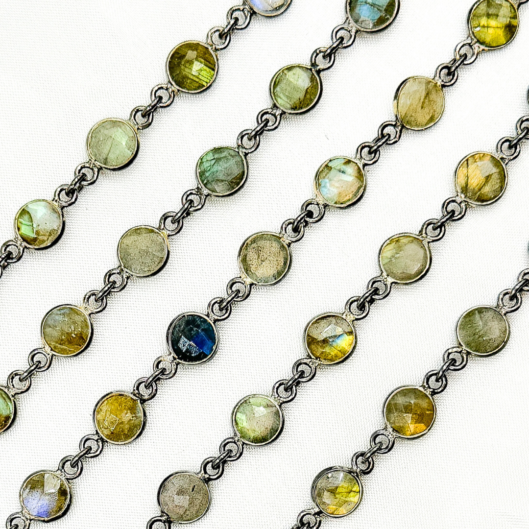 Labradorite Round Shape Bezel Oxidized 925 Sterling Silver Wire Chain.