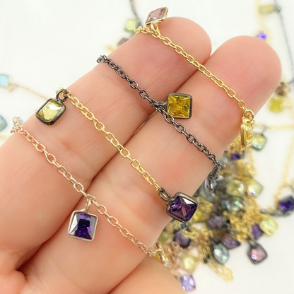 Multi Color Cubic Zirconia Square Shape Dangle Chain