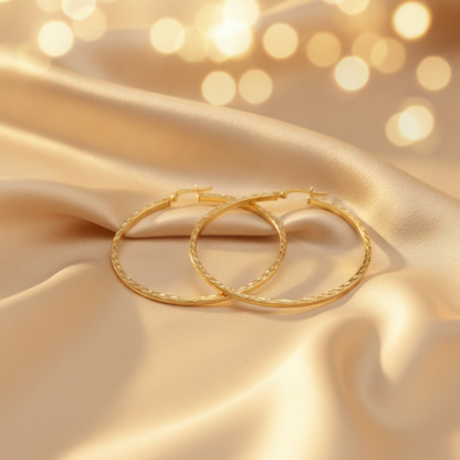 GER157. 14K Solid Gold Hollow Flat Diamond Cut Hoop