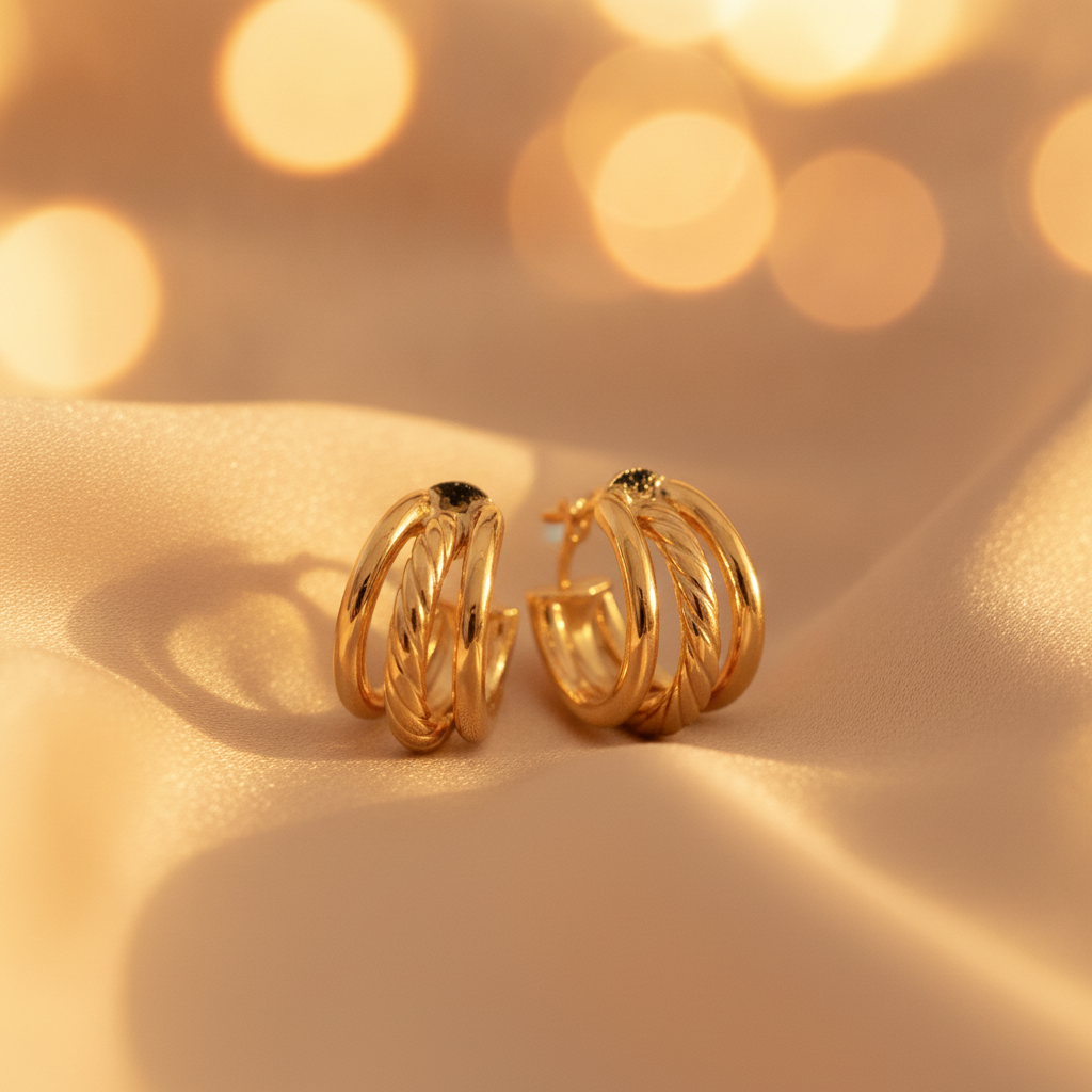 15850017973. 14K Solid Gold Smooth and Textured Triple Line Hollow Hoop Earrings