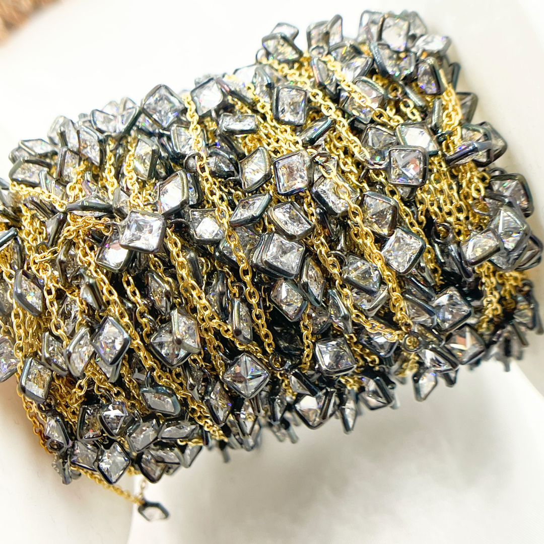 CZ2. 4mm Cubic Zirconia Square Shape Dangle Chain