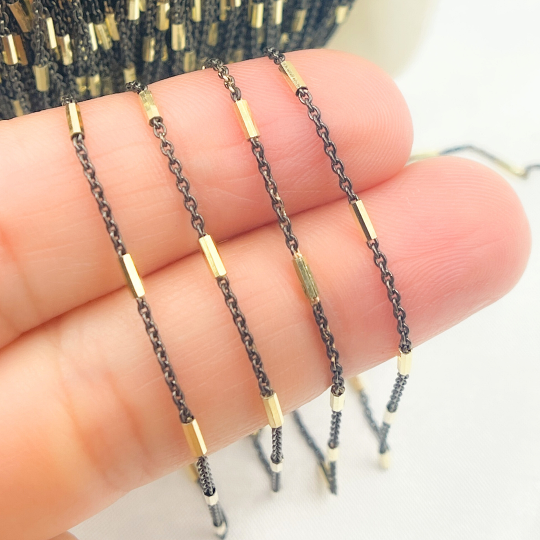Sterling Silver Satellite Gold Plated and Black Rhodium Two Tone Bar Chain