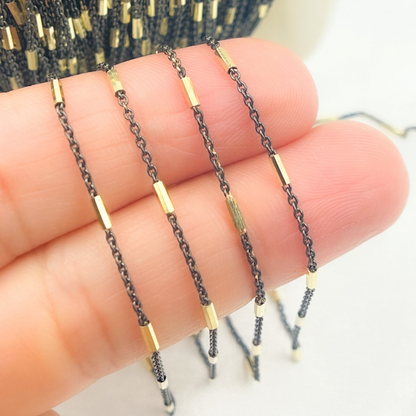 Sterling Silver Satellite Gold Plated and Black Rhodium Two Tone Bar Chain