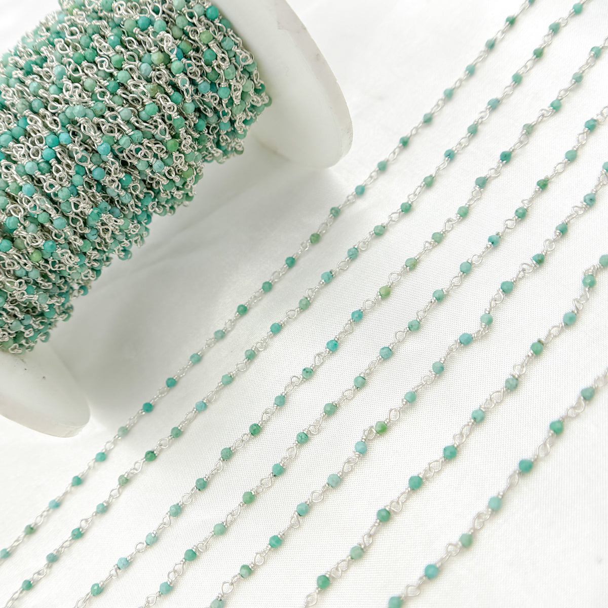 Green Turquoise Rondel Shape Sterling Silver Wire Chain