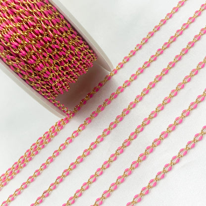 Sterling Silver Gold Plated Pink Enamel Cable Link Chain