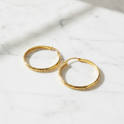 GER76. 14K Gold Diamond Cut Hollow Hoop Earrings
