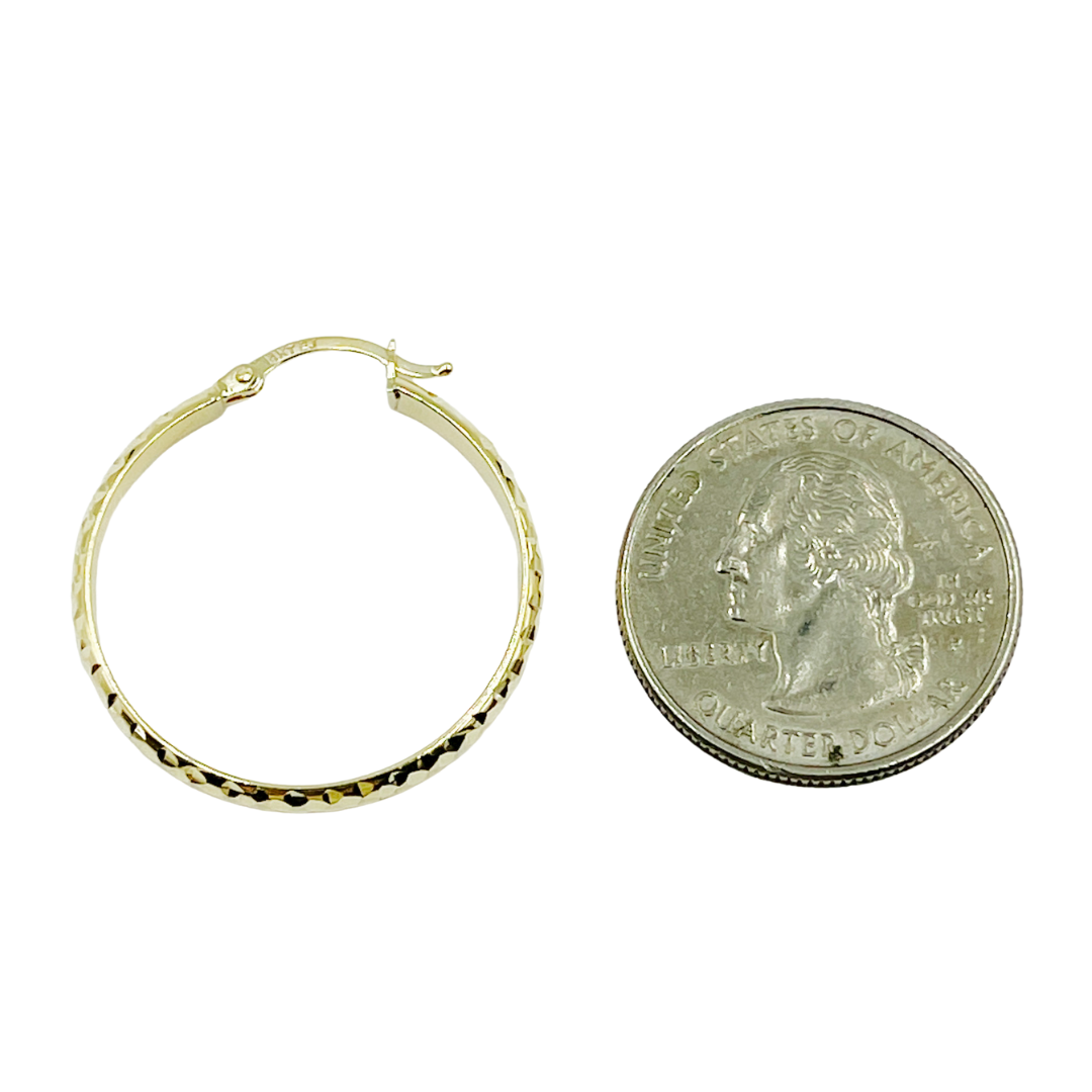 GER64. 14K Gold Diamond Cut Hollow Hoop Earrings