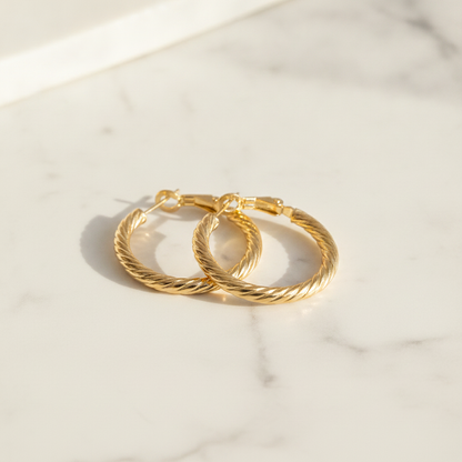 15850019965. 14K Solid Gold Fancy Ribbed Hollow Hoop Earrings