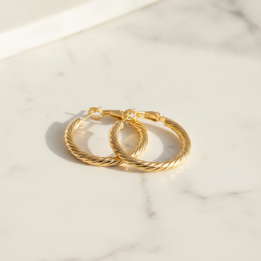 15850019965. 14K Solid Gold Fancy Ribbed Hollow Hoop Earrings