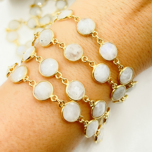 White Moonstone Round Shape Bezel Gold Plated Wire Chain