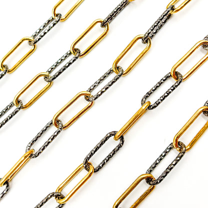 Gold Plated and Black Rhodium Sterling Silver Smooth and Diamond Cut Paperclip Chain