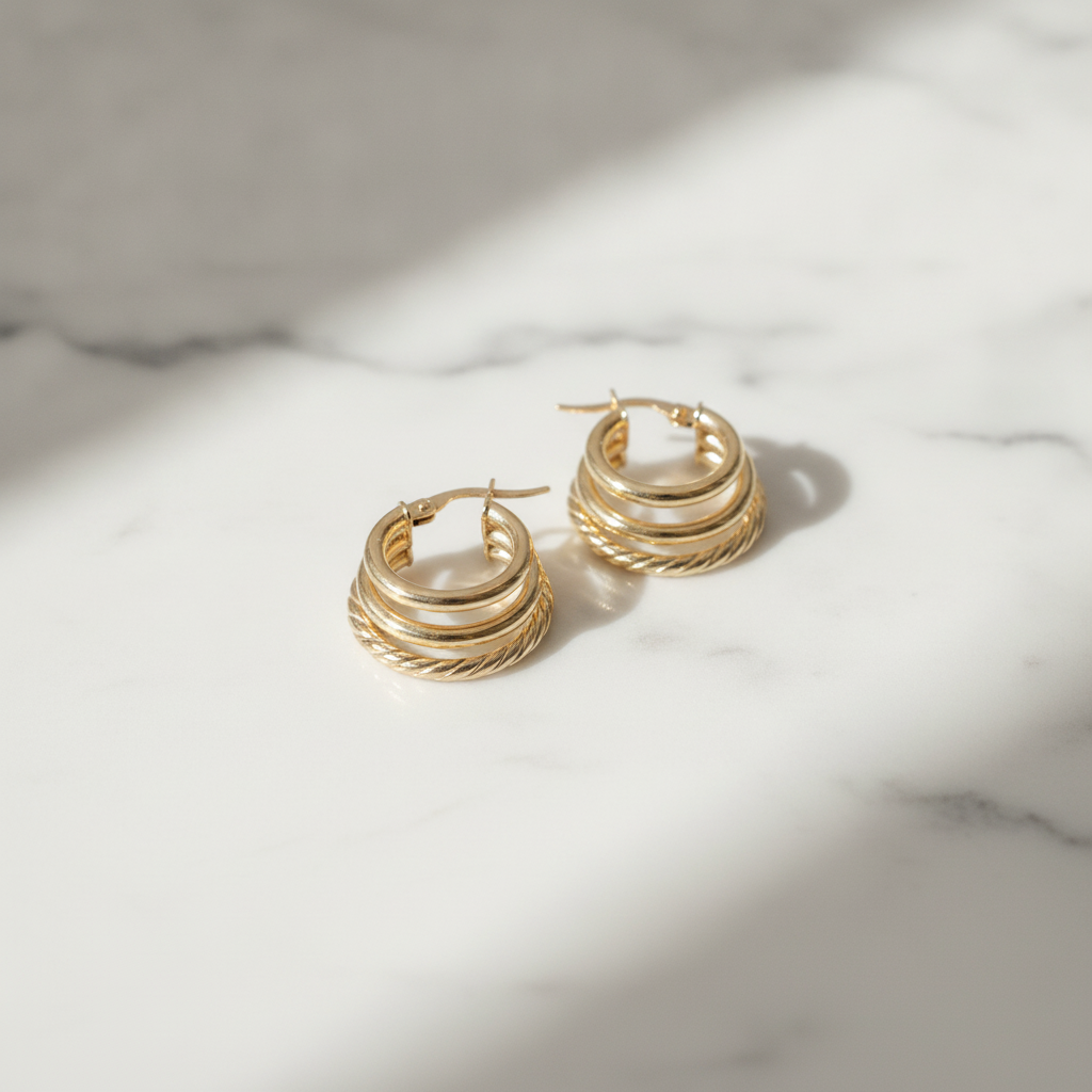 15850007166. 14K Solid Gold Smooth and Textured Triple Line Hollow Hoop Earrings