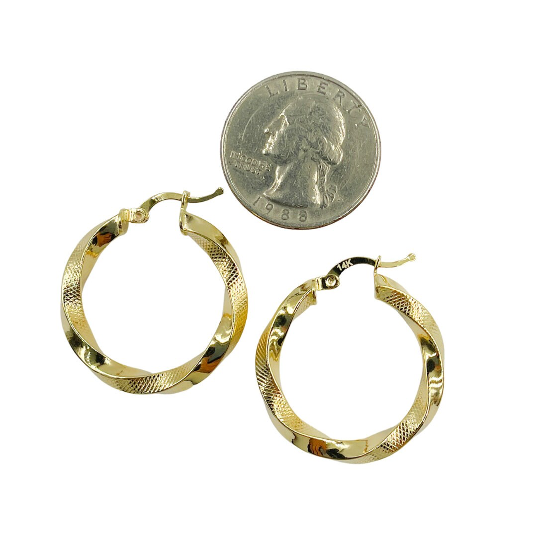 GER120. 14K Solid Gold Twisted Textured Hollow Hoop Earrings 26mm – Lightweight Hoops