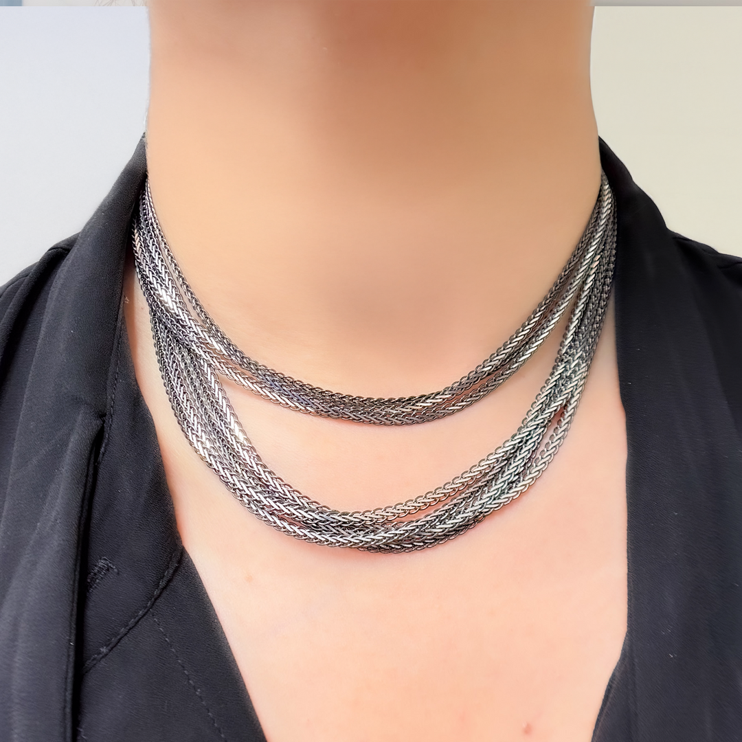 Black Rhodium and White Sterling Silver Flat Wheat Necklace