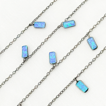 Created Blue Opal Rectangular Shape Dangle Chain.