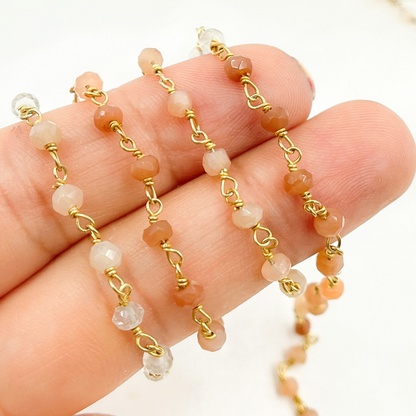 Multi Moonstone Shaded Peach Organic Shape Wire Wrap Chain