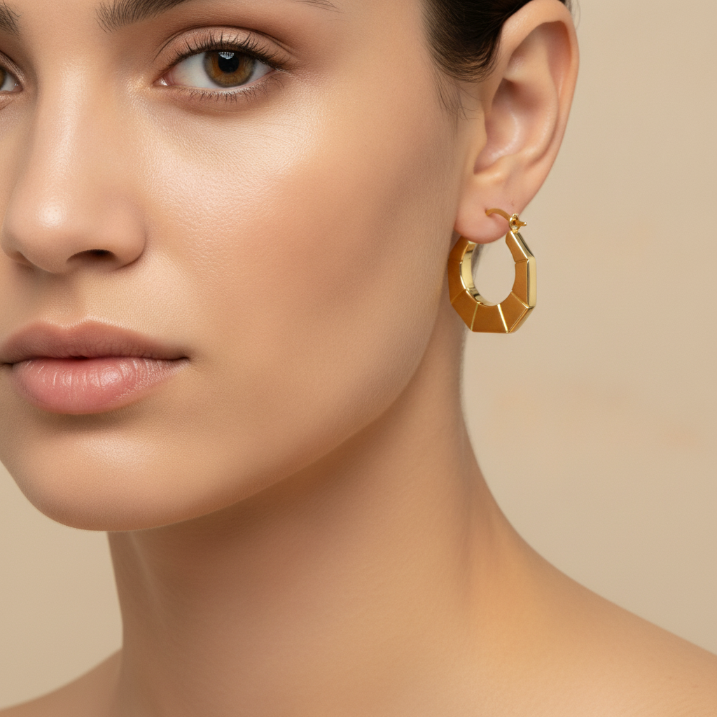 GER135. 14K Gold Hexagon Hollow Hoop Earrings
