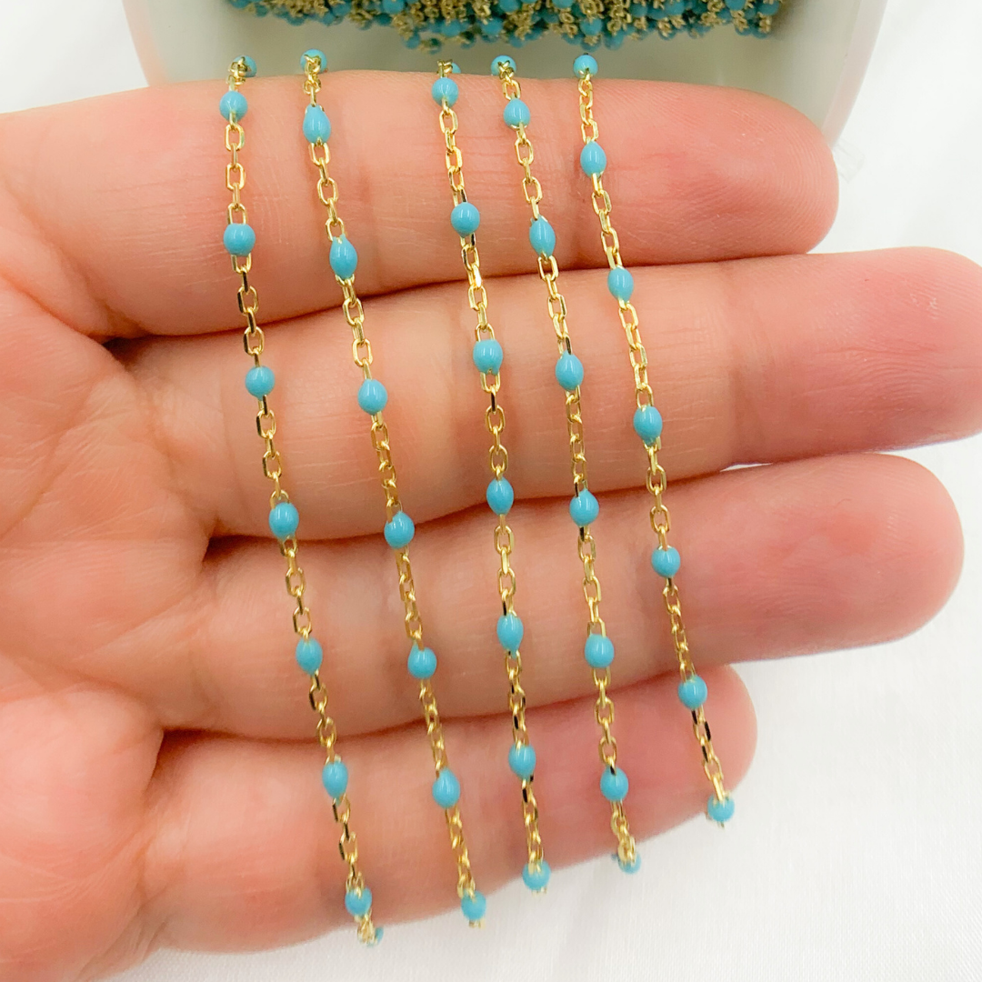 Gold Plated Sterling Silver Enamel Turquoise Color Cable Chain