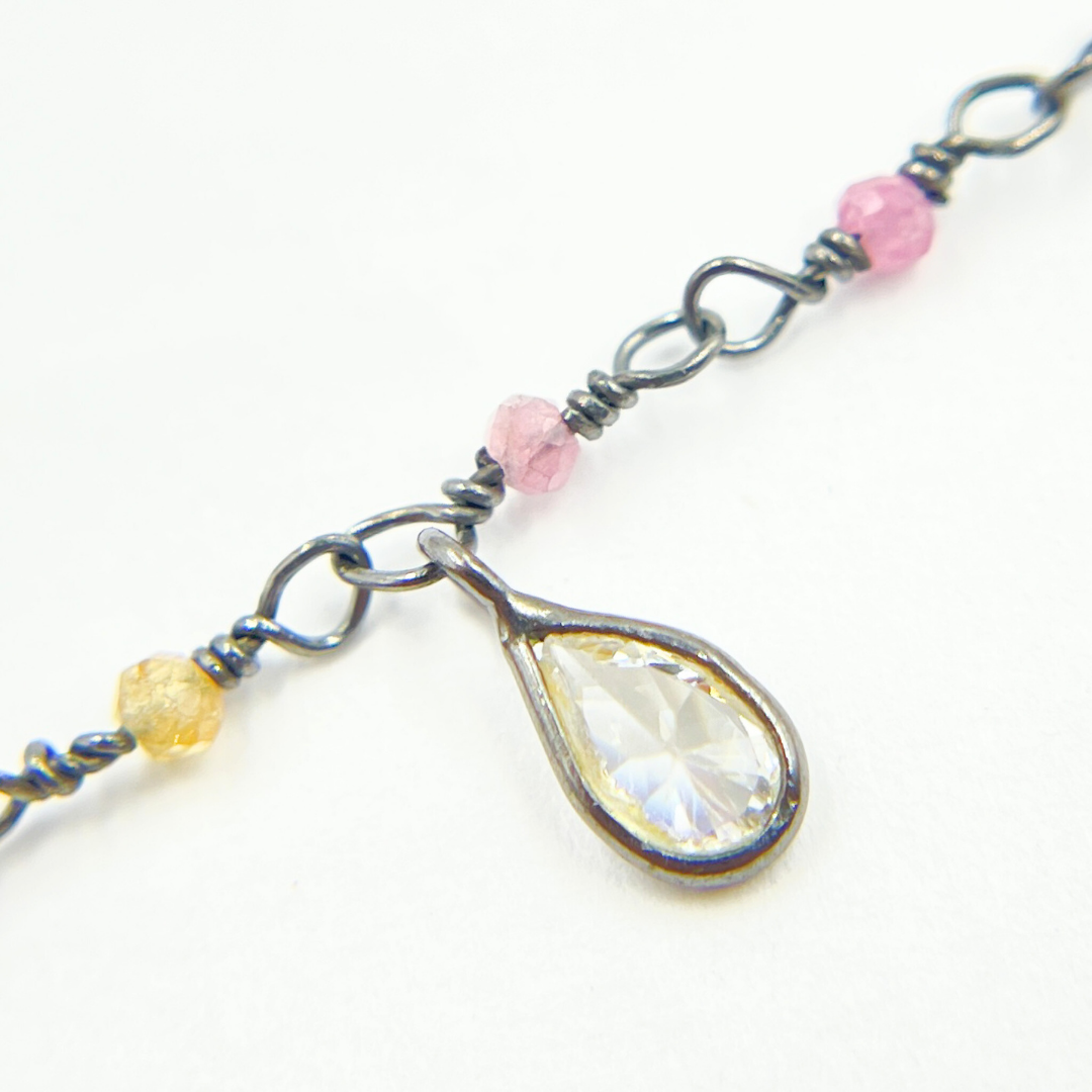 Multi Tourmaline & CZ Dangle Oxidized Wire Chain