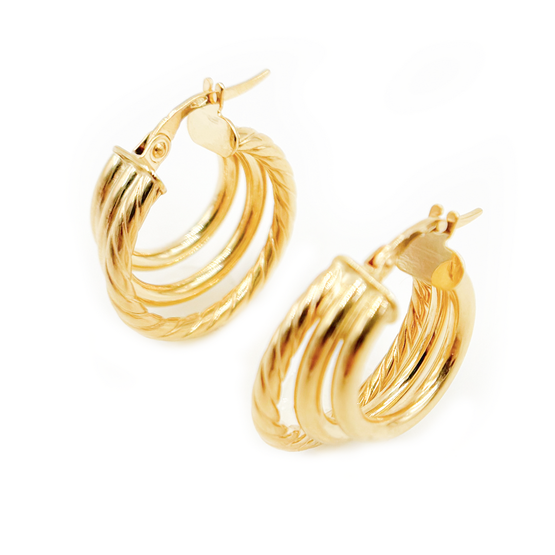15850007166. 14K Solid Gold Smooth and Textured Triple Line Hollow Hoop Earrings