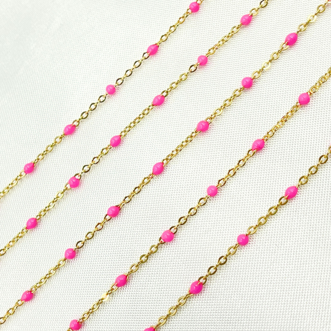 14k Solid Gold Cable Pink Enamel Chain