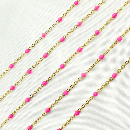 14k Solid Gold Cable Pink Enamel Chain