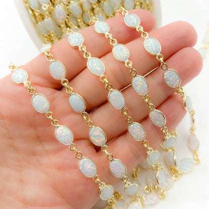 White Opal Oval Shape Bezel Gold Plated Wire Chain