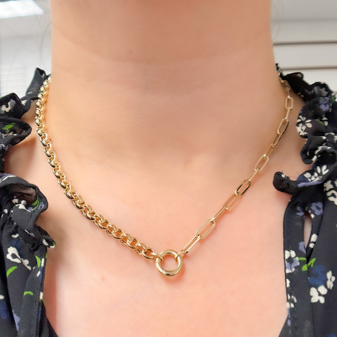 568/914. 14K Solid Gold Hollow Paperclip and Cable Fancy Necklace