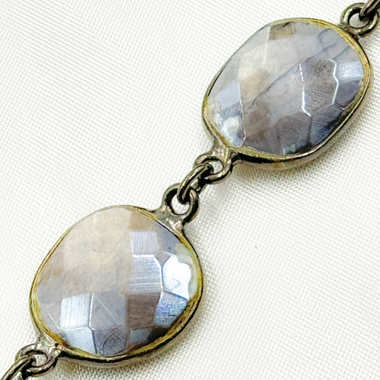 Coated Grey Moonstone Organic Shape Bezel Oxidized Wire Chain.