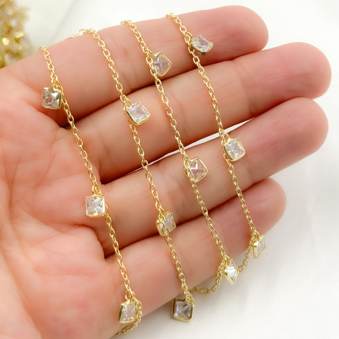 CZ2. 4mm Cubic Zirconia Square Shape Dangle Chain