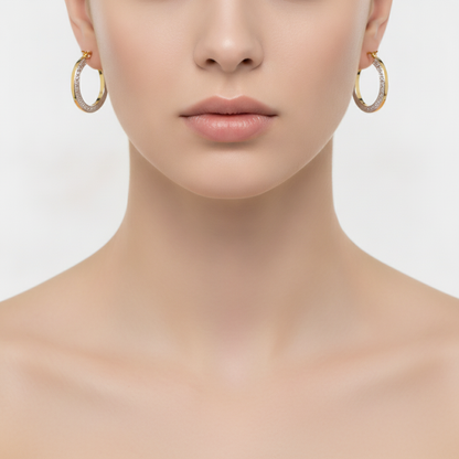 GER40. 14K Yellow and White Gold Earrings Round Shape Hoop with Texture