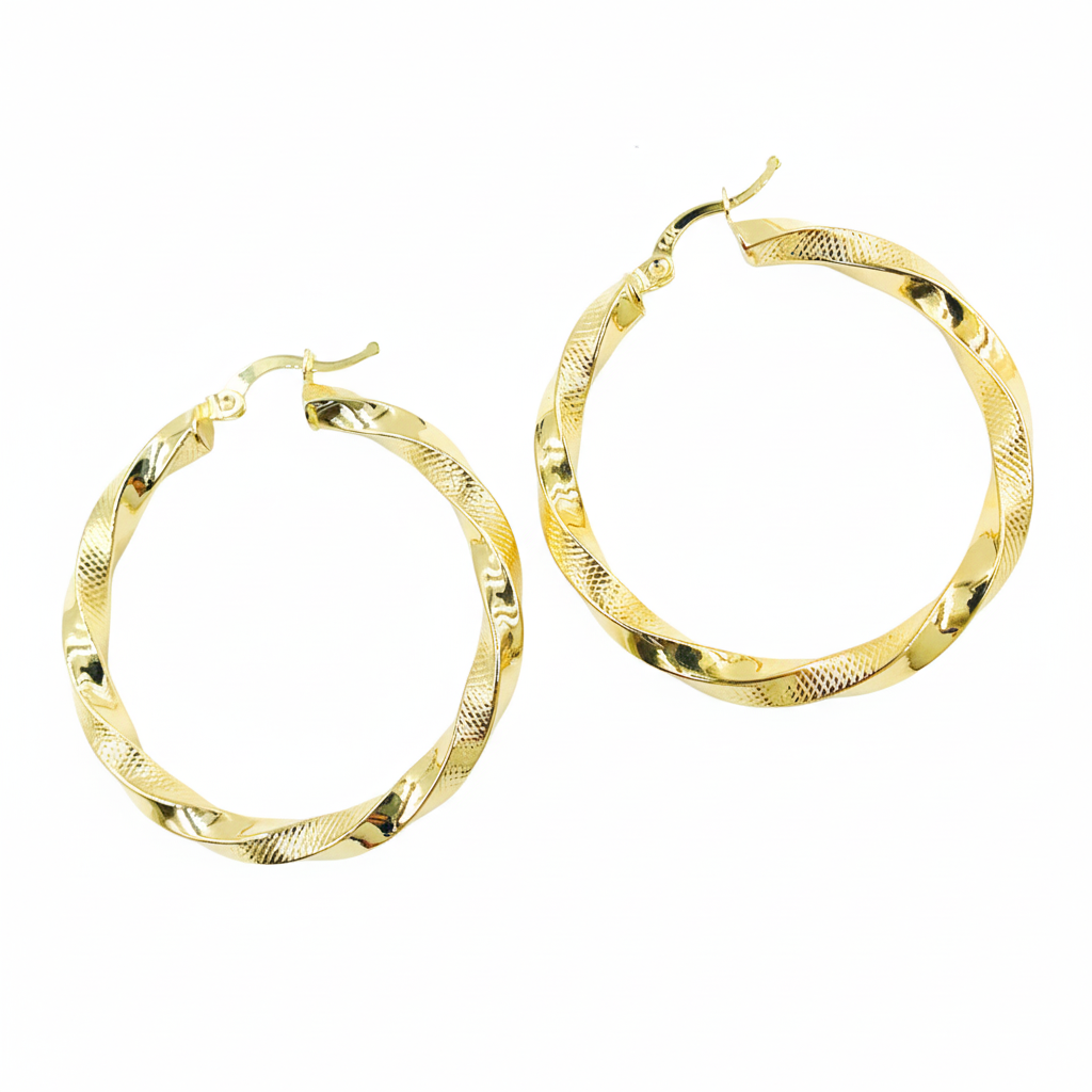 GER129. 14K Solid Gold Twisted Hoop with Texture