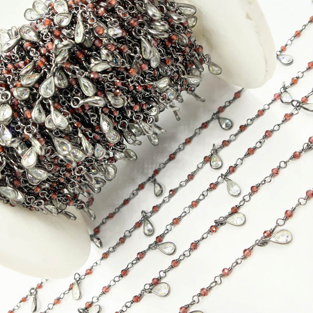Garnet & CZ Dangle Oxidized Wire Chain