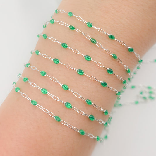 Sterling Silver Green Color Enamel Chain