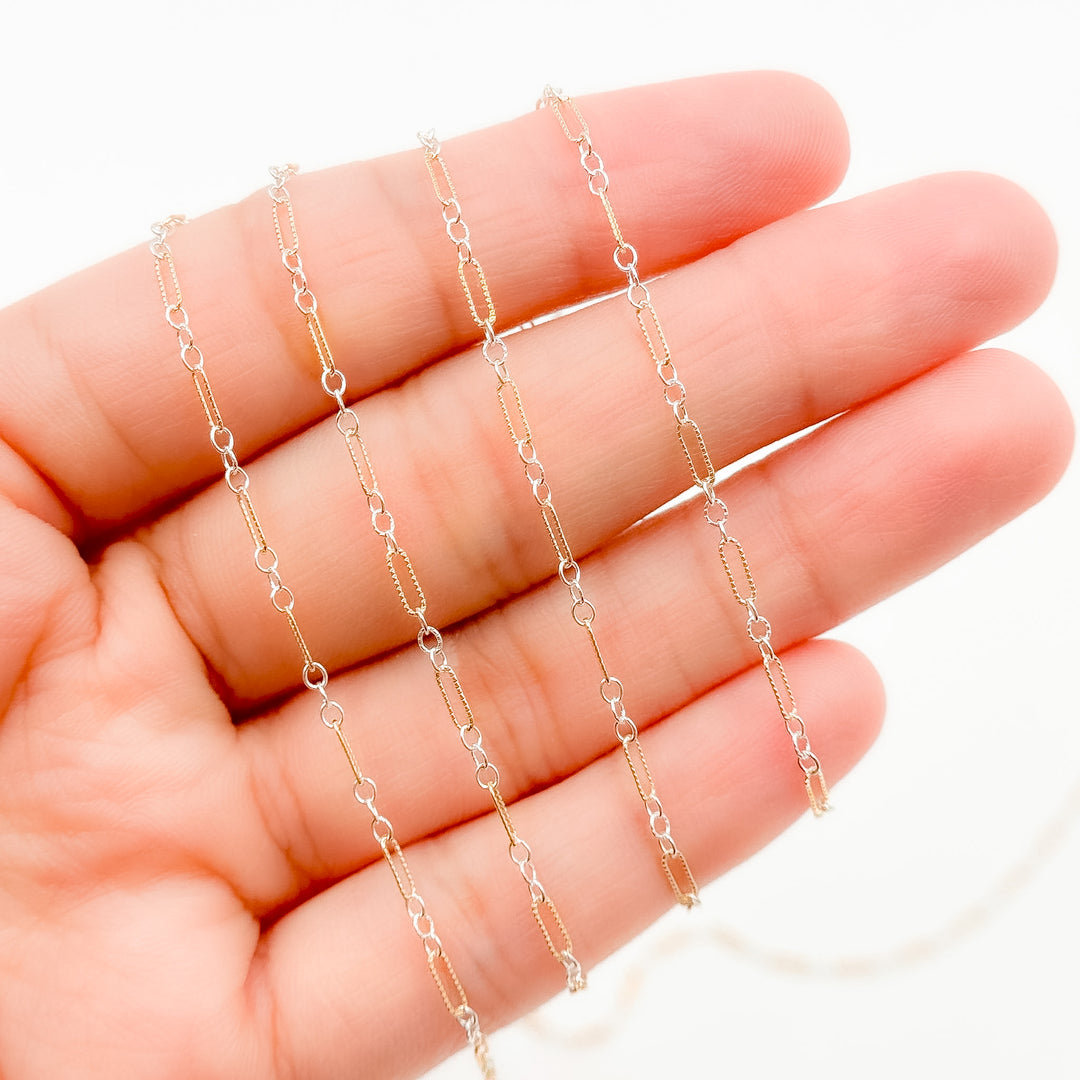 XM/1003K. 14K Gold Filled and Sterling Silver Knurled Link Chain – Long & Short Pattern